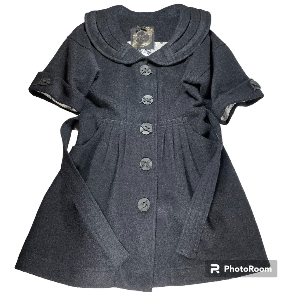 Nick & Mo black boiled wool pleated lapel waist tie coat Size S